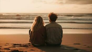 joven Pareja abrazando, acecho puesta de sol en playa generado por ai foto