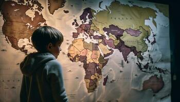 One child standing, learning about global geography generated by AI photo