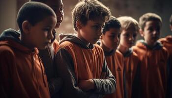Smiling schoolboys studying indoors, friendship and learning generated by AI photo