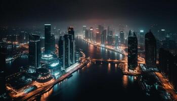 Glowing cityscape at dusk, modern and futuristic generated by AI photo
