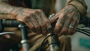 Senior mechanic repairing bicycle wheel with wrench generated by AI photo