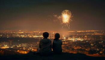 ciudad horizonte iluminado por explotando fuegos artificiales monitor generado por ai foto