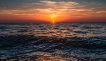 Sunset over water, tranquil beauty in nature generated by AI photo