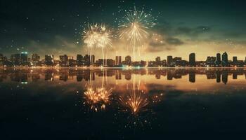 City skyline illuminated by vibrant firework display generated by AI photo