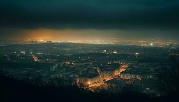 iluminado ciudad horizonte a oscuridad, alto ángulo ver generado por ai foto