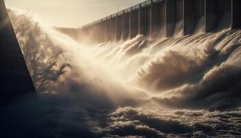 hidroeléctrico poder estación genera electricidad desde fluido agua generado por ai foto