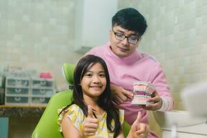 Portrait of happy girl shows thumb up gesture at dental clinic photo