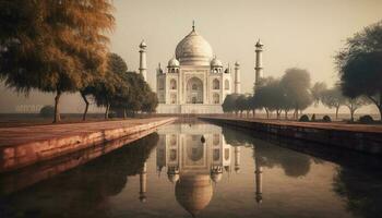 Sunset reflects on famous Indian mausoleum architecture generated by AI photo