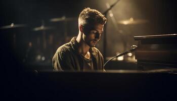 joven adulto músico jugando guitarra a Club nocturno generado por ai foto