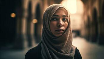 Young women looking at camera in city generated by AI photo