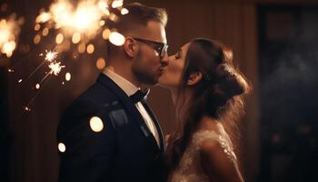 joven Pareja abrazando, celebrando amor y felicidad generado por ai foto