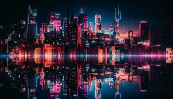 Futuristic skyscrapers illuminate the modern city skyline generated by AI photo