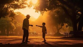 Family walking in nature, enjoying autumn vacations generated by AI photo