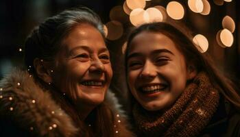 dos joven mujer abarcar, sonriente en invierno generado por ai foto