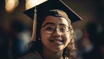 sonriente Chica de escuela en pie en frente de colegio edificio generado por ai foto