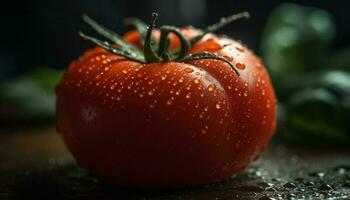 Ripe tomato drop, wet with freshness generated by AI photo