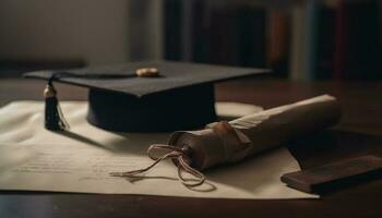 Diploma and cap on table, izing achievement generated by AI photo