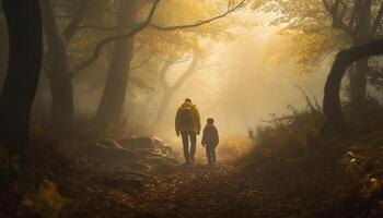 Two hikers walking through foggy autumn forest generated by AI photo