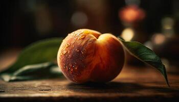 Juicy apple slice on rustic wooden table generated by AI photo