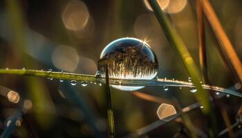 Fresh dew drops on green leaf blade generated by AI photo