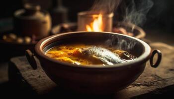 Gourmet seafood stew cooked on open flame generated by AI photo