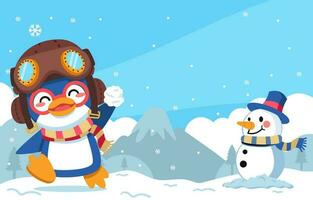 Background of Cute Little Penguin Playing Snowball vector