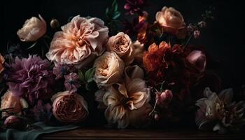 Romantic bouquet of fresh flowers on wooden table generated by AI photo