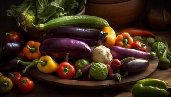 Fresh organic vegetables on rustic wooden table generated by AI photo