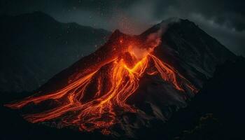 Erupting mountain peak, fiery inferno adventure awaits generated by AI photo