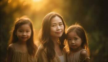 Mother and daughters embrace nature beauty, smiling generated by AI photo