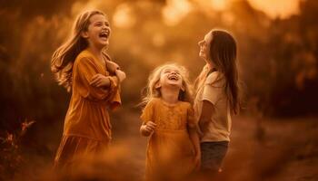 sonriente niños jugando al aire libre en el puesta de sol generado por ai foto