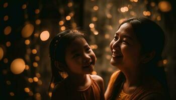 Mother and daughter embrace under Christmas tree generated by AI photo