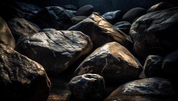 Smooth pebbles stack on wet sand, coastline beauty generated by AI photo