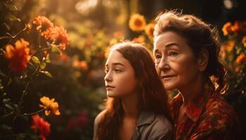 Two young women smiling, bonding in nature generated by AI photo