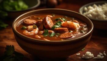 Gourmet beef stew in rustic crockery bowl generated by AI photo