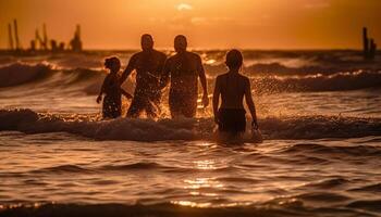 Family bonding on the beach at sunset generated by AI photo