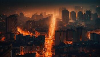 Glowing city skyline at dusk, traffic flows generated by AI photo