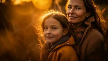 Family embraces nature warmth in autumn sunset generated by AI photo