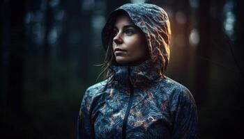 Young woman in forest exudes elegance and sensuality generated by AI photo