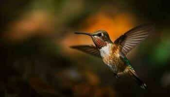 Hummingbird hovering, spreading wings in mid air generated by AI photo