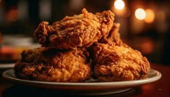 Fried chicken meal on plate, gourmet appetizer generated by AI photo