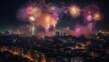 fuegos artificiales iluminar urbano horizonte a noche generado por ai foto