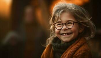sonriente niña en calentar invierno ropa jugando fuera de generado por ai foto