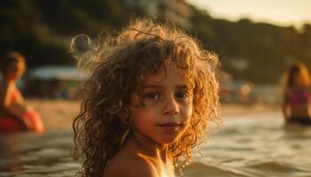 Rizado peludo niño disfruta juguetón verano vacaciones divertido generado por ai foto