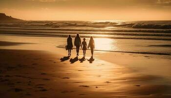 Family walks on beach at sunset, happy together generated by AI photo