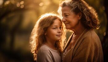 Mother and daughter embrace in autumn sunlight generated by AI photo