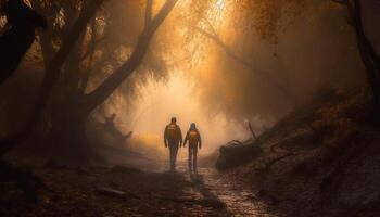 Two men hiking in foggy autumn forest generated by AI photo