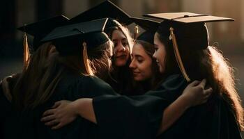 joven mujer en graduación vestidos abrazo éxito generado por ai foto