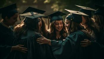 joven adultos en tapas celebrar graduación éxito generado por ai foto