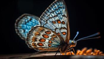 Vibrant butterfly wing spotted on yellow flower generated by AI photo